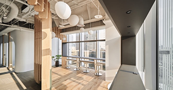 办公室空间设计：悬挂的绿植和灯具增强了垂直空间的层次感