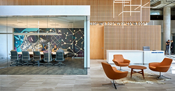 公司办公室装修：大型图形处理和艺术装置与自然景观相得益彰