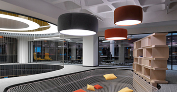 #公司办公楼装修#地板的概念是由六边形形状和黄橙色中间色调形成的