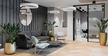 写字楼办公室装修：接待处的设计采用了垂直仿古的设计