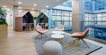 办公室装修方案：采用了自然元素和色彩图案来创造一个愉快的工作环境