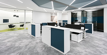 办公楼装修设计：以轻柔的蓝色和简洁的橡木饰面做空间分隔塑造友好、宁静的工作氛围