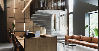 公司办公楼装修：简约而又出彩的暗调配色烘托出一个沉稳而又摩登的空间氛围