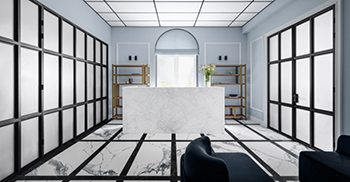 公司办公室装修：接待区借助宽阔的黑色条纹与白色背景形成对比