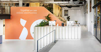 办公室装修设计：封闭的街区和公共家具由可持续的桦木胶合板肋骨制成