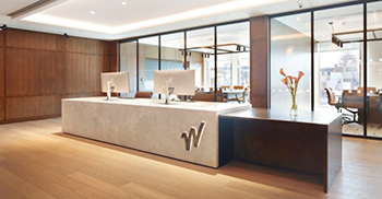 办公室装修设计：定制的协作桌创造了从专用工作区到绿色植物柔和区域的过渡