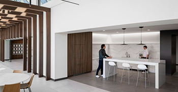 办公室设计装修：精心挑选的照明设备和石材装饰有助于营造精致的氛围